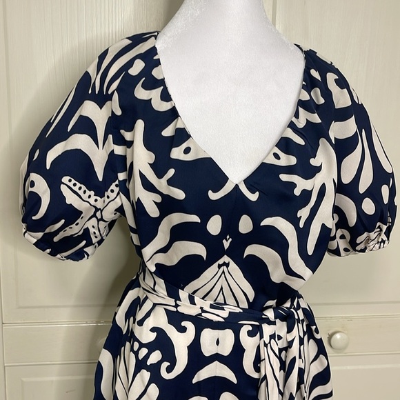 Alex Marie Womens Allison Satin Shell Print Crepe Short Sleeve A-Line Dress Sz M - Picture 4 of 16